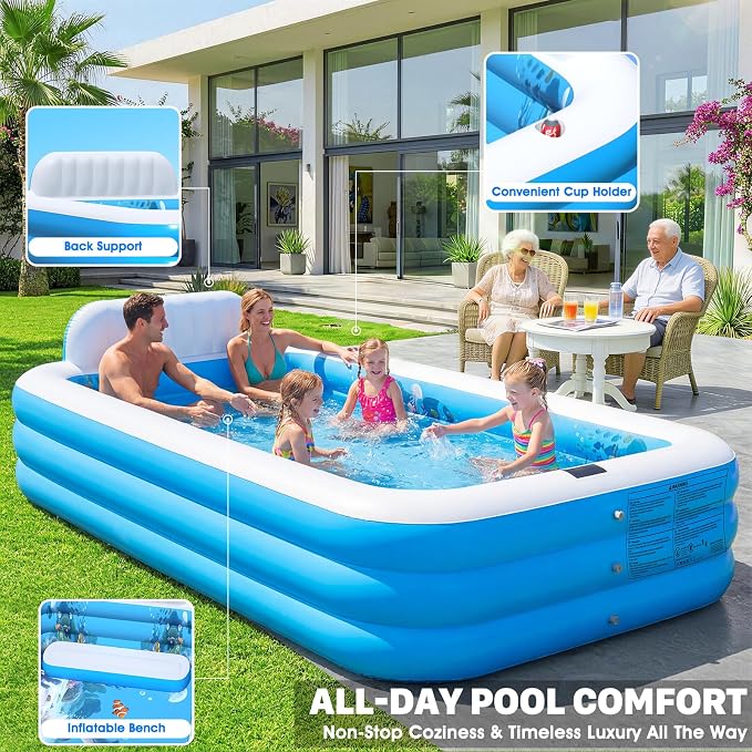 Extra Large Inflatable Pool with Lights,Upgraded Solar Powered Blow Up Pool for Adults,Inflatable Kids Swimming Pool with Seat& Backrest,Big Inflatable Kids Pool for Backyard,120x73x20IN