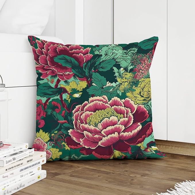 Chinoiserie Red Peony Floral Pillowcase Green and Pink Cushion Cover 26x26 INFarmhouse Accent Throw Pillow Covers Farmhouse Decorative for Couch Tent Park