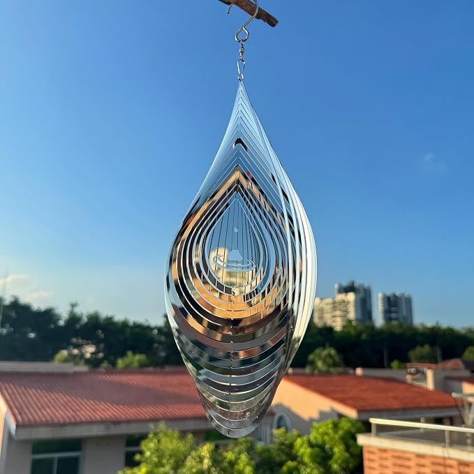 Hanging Wind Spinners,3D Water Droplets Shape Highly Reflective Stainless Steel Outdoor Garden Decor, Decorations to Scare Away Yard Birds 11.4inch 2Pcs