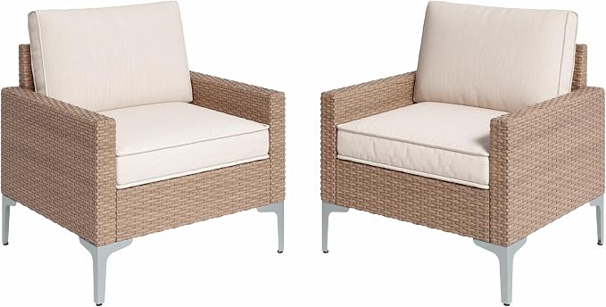 Jing's Villa 2-Piece Outdoor Sectional Single Chair Set, All-Weather Wicker Patio Furniture with L/R Armrest & Cushions, Comfortable Garden Conversation Set for Backyard, Poolside, Deck,Beige