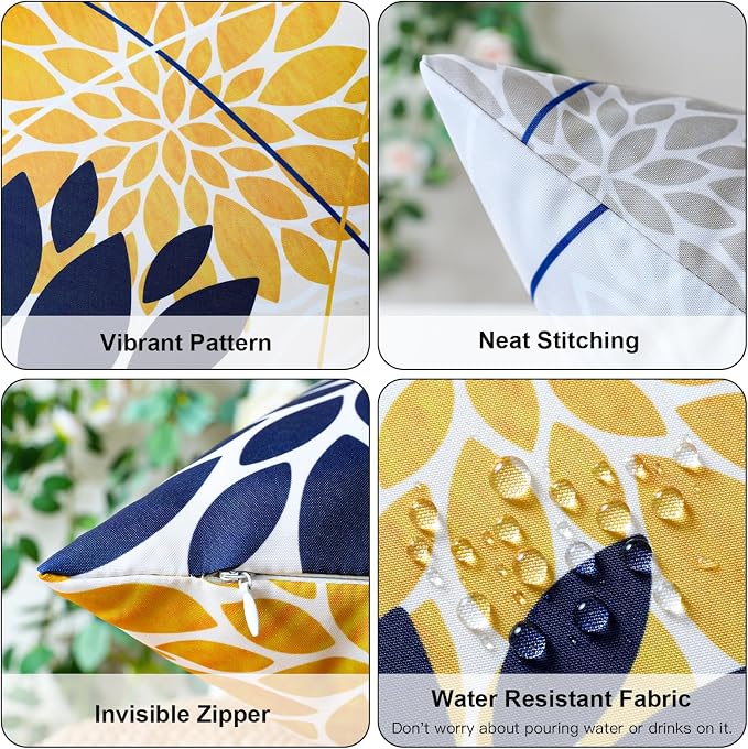 OTOSTAR Outdoor Dark Blue Yellow Pillow Covers 20x20 Inch Set of 2 Light Grey Flower Throw Pillows Geometric Dahlia Floral Square Cushion Case Waterproof Decor for Sofa Patio Funiture Garden