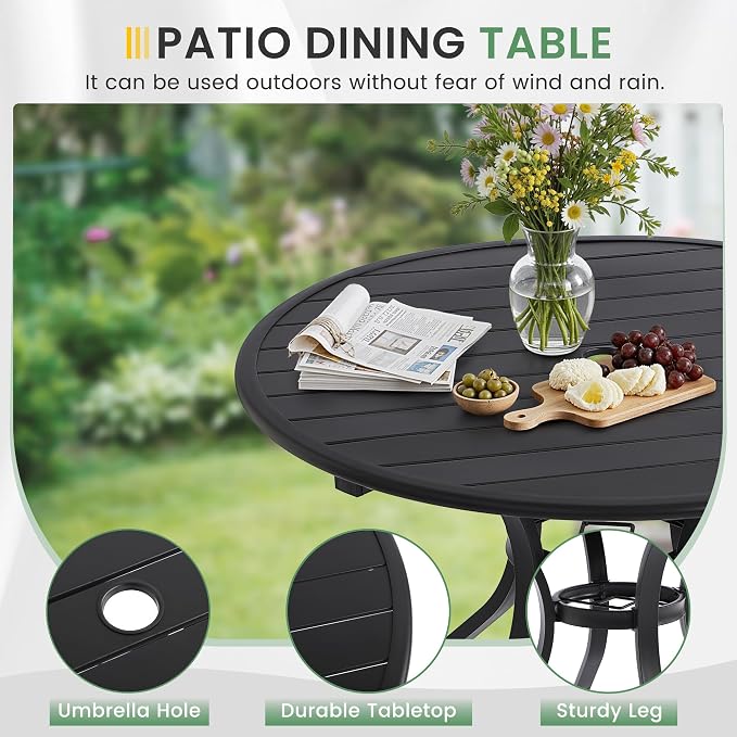 LVUYOYO 5-Piece Outdoor Patio Dining Set, Textilene Dining Chairs & Round Table Set, All-Weather Table and Chairs Set with Umbrella Hole for Backyard, Garden,Balcony,Porch (Gray)