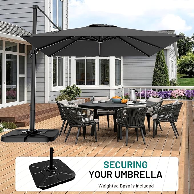 AreShark 10 × 10FT Square Cantilever Patio Umbrella with Base Included, 360° Rotation Offset Outdoor Umbrella, 5 Tilt Settings Heavy Duty Hanging Parasol for Deck Garden Pool, Grey