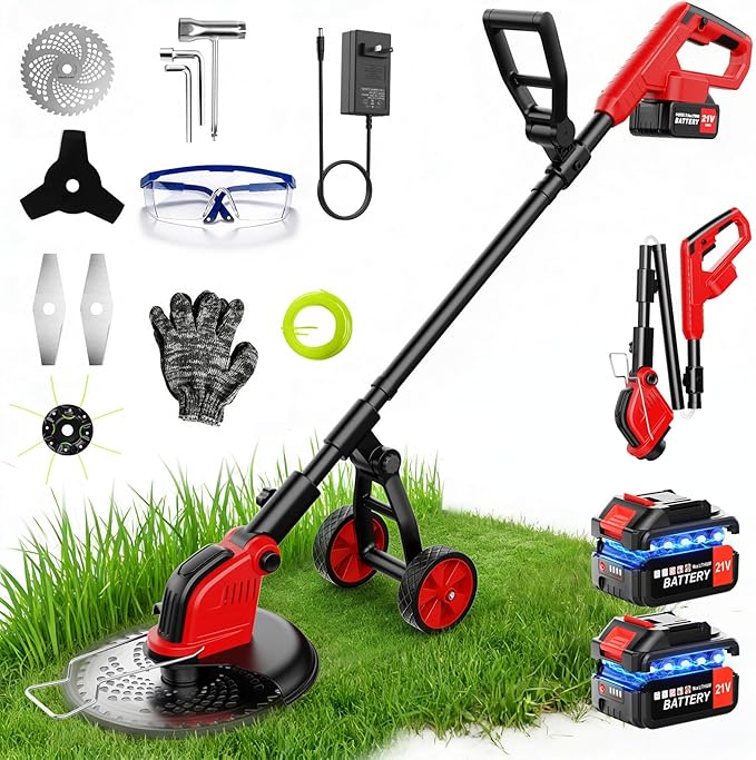12-Inch Cordless Weed Wacker, 2x3.0Ah 21V Battery Powered Weed Eater with Wheels, 800W Brushless Motor, Electric Lawn Mower with 4 Types Blades, 20000RPM Brush Cutter Grass Trimmer for Garden Yard