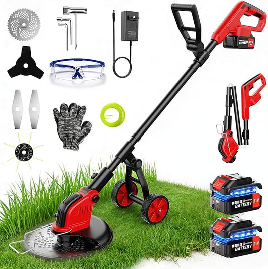 12-Inch Cordless Weed Wacker, 2x3.0Ah 21V Battery Powered Weed Eater with Wheels, 800W Brushless Motor, Electric Lawn Mower with 4 Types Blades, 20000RPM Brush Cutter Grass Trimmer for Garden Yard