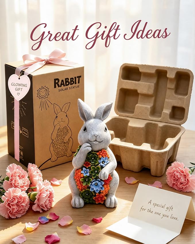 Nacome Solar Garden Outdoor Statues Bunny with Succulent | 7 LED Lights, Lawn Decor Statue for Patio, Balcony, Yard Ornament, Gifts for Mom Grandma Women