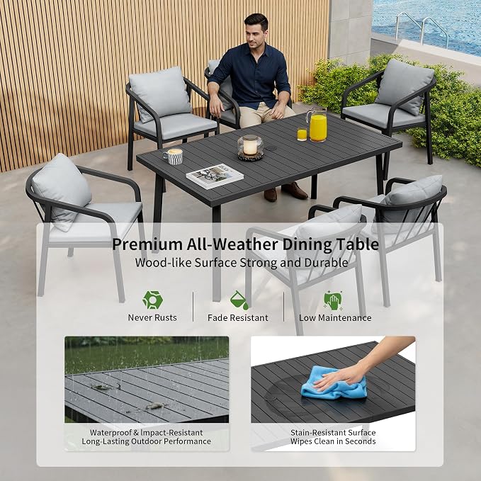 Outdoor Dining Set,9-Piece Patio Dining Table Set for 8 with Rectangular Table and 6 Thick Cushion Dining Chair & Swivel Chair, Aluminum Patio Furniture Set for Backyard, Garden (Black)