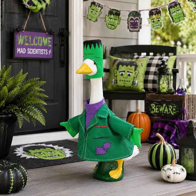 Watayo 2 Pcs/Set Halloween Monster Goose Outfits, Porch Goose Statue Monsters Costume, Dark Green Lawn Goose Monster Clothes with Hat for 23" Statue Halloween Fall Outdoor Patio Garden Yard Decor