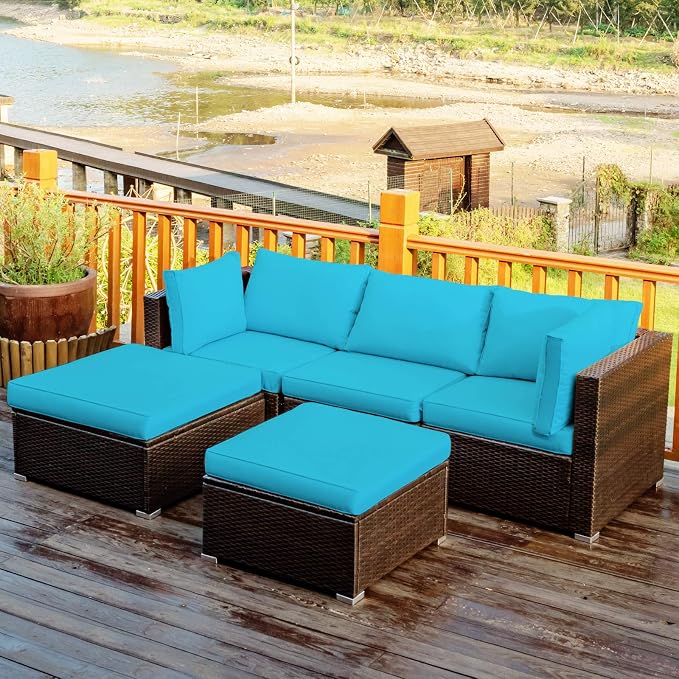 COSTWAY 5-Piece Outdoor Patio Furniture Set, PE Rattan Sectional Conversation Set with Cushions and 2 Ottomans for Garden, Deck, Backyard (Turquoise)