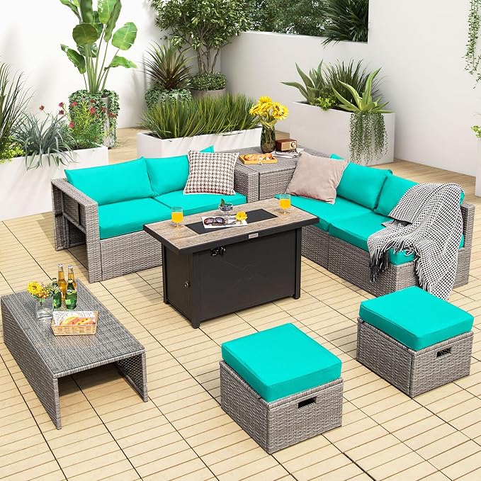 Tangkula 9 PCS Patio Furniture Set with 42” 60,000 BTU Fire Pit, Outdoor Space-Saving Sectional Sofa Set with Storage Box, Waterproof Covers Included
