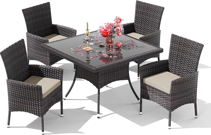 15 Pieces Outdoor Patio Dining Set,Patio Table and Chairs Rattan Outdoor Patio Furniture Set with Umbrella Hole,Dining Table Set for 12 with Chairs for Backyard,Garden and Kitchen,Brown