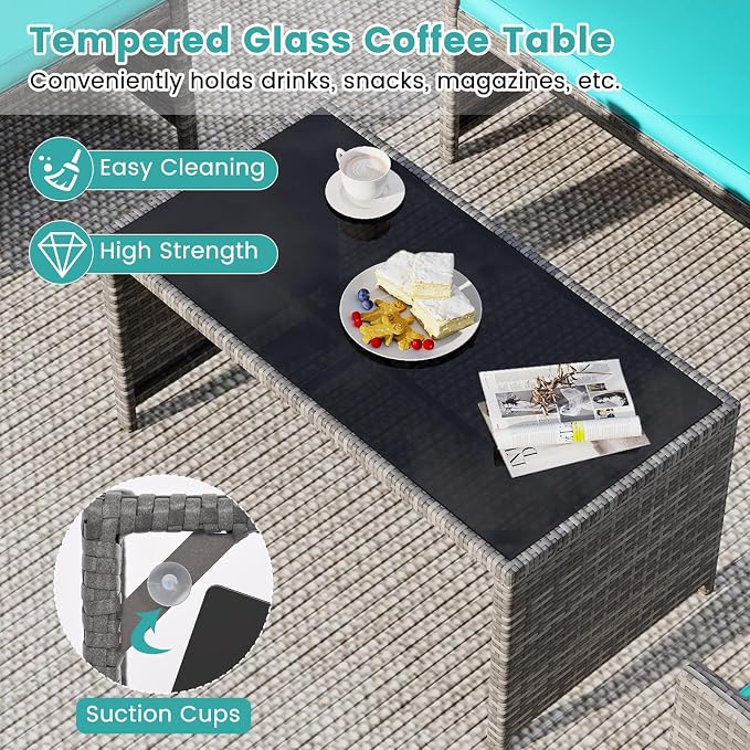 Tangkula 8 Piece Patio Wicker Furniture Set, Outdoor Heavy Duty Rattan Cushioned Chairs, Loveseat and Tempered Glass Coffee Table, for Backyard, Balcony, Poolside