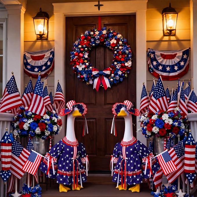 Outus 4th of July Porch Goose Outfit Includes Independence Day Dresses Clothes Hat and American Flag 23 Inch Patriotic Goose Porch Clothing for 4th of July 250th Anniversary Garden Yard Decoration