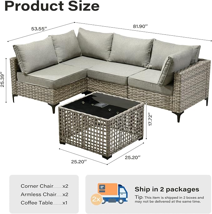 5 Pieces Patio Furniture Set with Solar Light Coffee Table, All-Weather Wicker Outdoor Sectional Conversation Sets L Shaped Sofas for Outside Porch Balcony Backyard Dark Grey