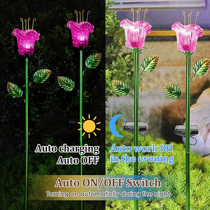 VChymm Outdoor Decorative Flowers 2 Pack, Waterproof Pink Glass Lily Flower Lights, Auto ON/Off Solar Decorative Lights for Garden, Patio, Backyard