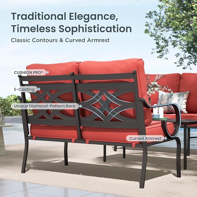 PHI VILLA Patio Furniture Set, a Loveseat, 3-Seater Sofa, 2 Fixed Chairs, and a Coffee Table, Outdoor Metal Conversation Set with 5.75" Extra Thick Cushion for Garden Backyard Deck, Red