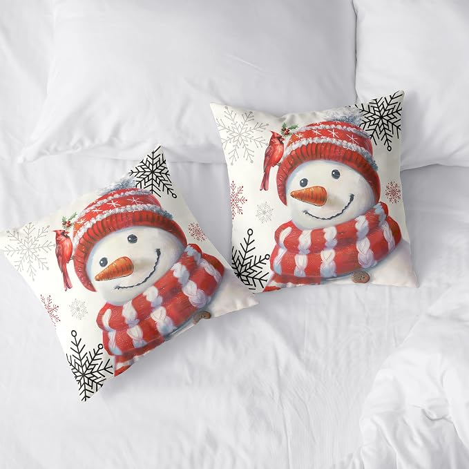 Christmas Snowman Pillow Covers 22x22 Set of 2 Winter Holiday Throw Pillow Covers for Living Room Bedroom Sofa Red Snowman with Cardinal Bird Snowflake Cushion Case