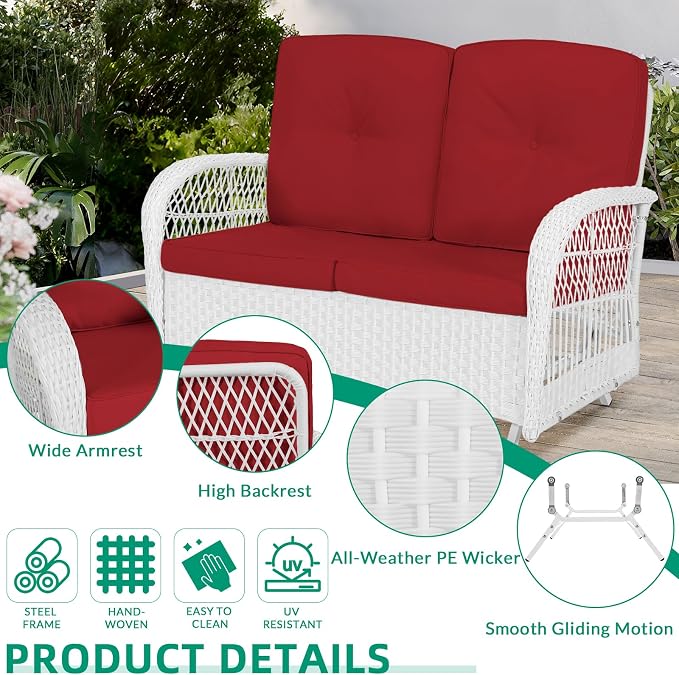 VIVIJASON 4-Piece Outdoor Patio White Wicker Conversation Sets, All Weather Outdoor Rattan Furniture Set Includes Glider Loveseat, Coffee Table, 2 Rocking Chairs with Cushions for Backyard, Red