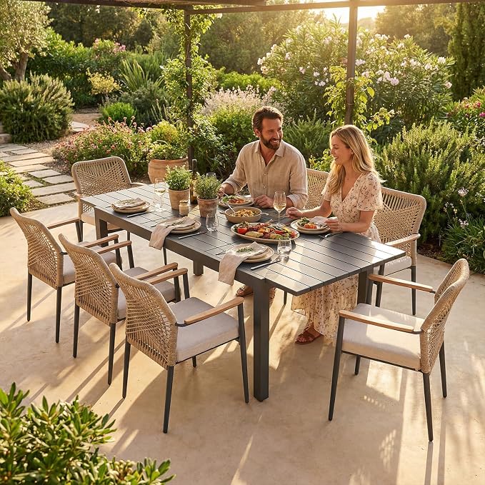 SUNSITT 9 Piece Outdoor Patio Dining Set, 59" - 83" Aluminum Expandable Outdoor Dining Table and 8 Woven Wicker Patio Chairs w/WPC Armrests for Garden, Dark Grey
