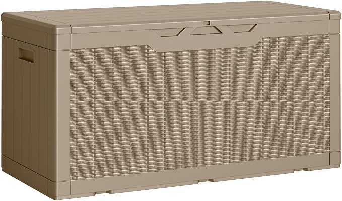 Greesum Outdoor Storage Box 100 Gallon Storage Bin with Lid for Patio Furniture, Garden Tools, Pool Supplies, Lockable, Waterproof and UV Resistant, Light Coffee