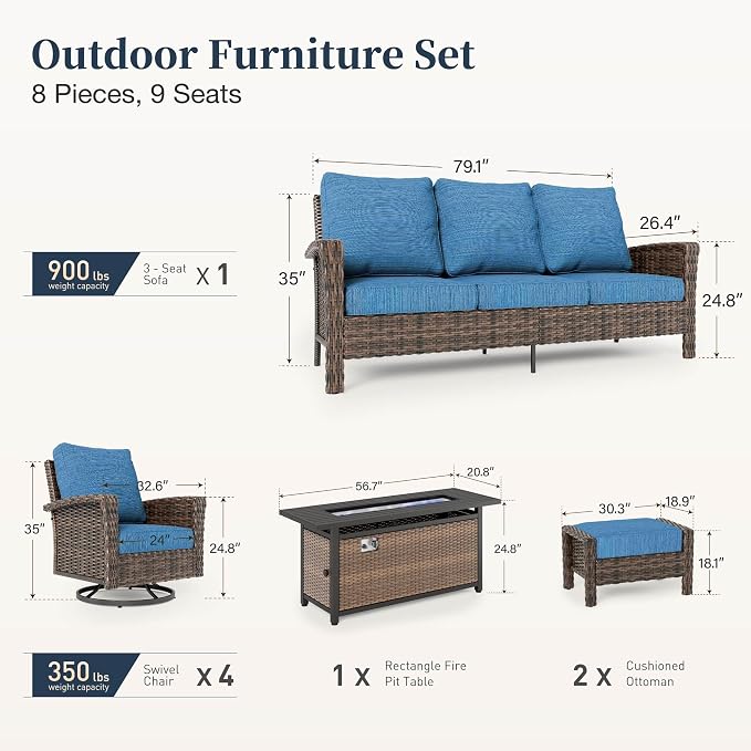 Patio Furniture Set with Swivel Chairs, High Back Wicker Rattan Furniture with 5.5" Thick Cushions, Fire Pit Table and Ottomans, All Weather Outdoor Conversation Set for Backyard Deck,9 Seats, Blue