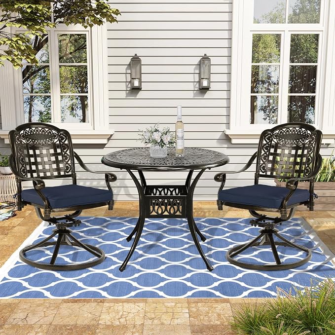 VIVIJASON 3-Piece Patio Bistro Set, Outdoor All-Weather Cast Aluminum Furniture Dining Set, Include 2 Swivel Chairs and 34.5" Round Table w/Umbrella Hole for Balcony, Lawn, Garden (Navy Blue Cushion)