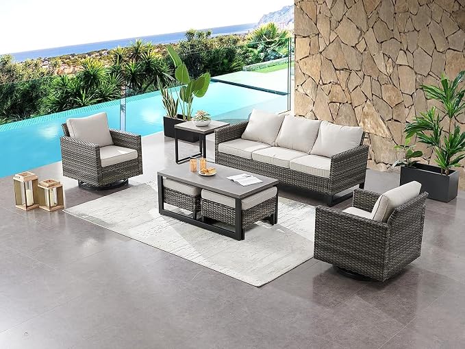 HUMMUH 3-Piece Patio Swivel Chairs,PE Wicker Outdoor Rocking Chairs Bistro Set with Side Table Porch Balcony Furniture with Cushions