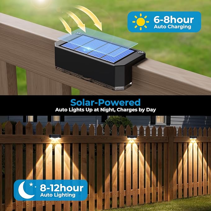 Peasur 8 Pack Solar Fence Lights Outdoor, Deck Light Solar Powered, Waterproof Led Riling Solar Lights for Outside Step Yard, Warm White