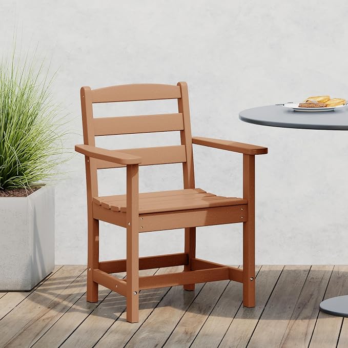 Costaelm Garden Dining Chair, Outdoor Patio Adirondack Chair with Arm, HDPE Poly Lumber, Waterproof Restaurant Bistro Dining Chair for Outside Porch Backyard, Teak