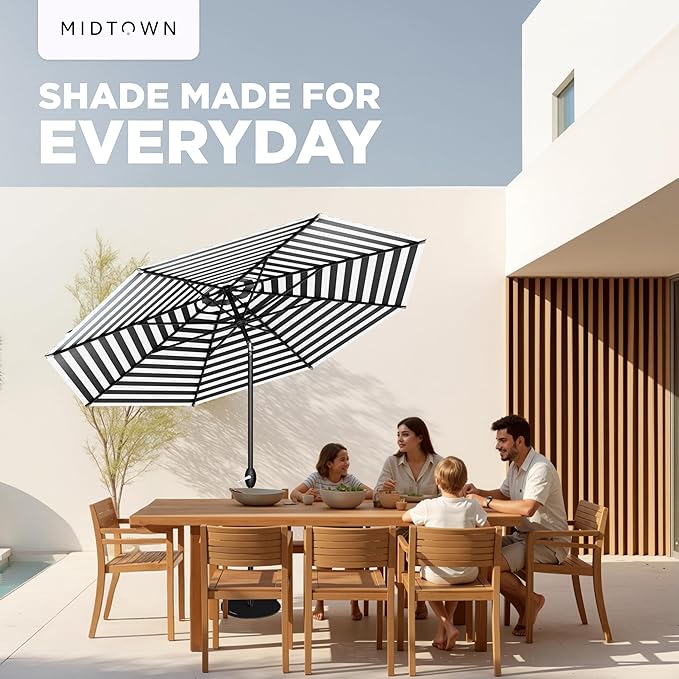 Midtown Umbrellas 10-Year-No-Fade - 8 Ft - UV Proof Black/White Stripes Fabric - Umbrella Outdoor Patio, Auto-Tilt Aluminum Frame Patio Umbrella for Garden, Pool & Deck - Black Pole