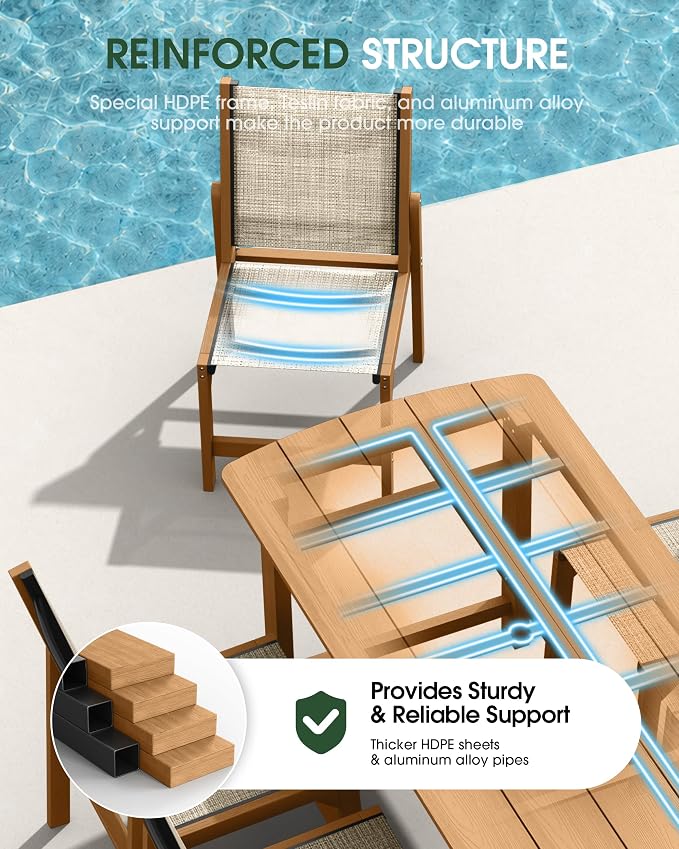 HDPE Outdoor Patio Dining Set with Table & 6 Stackable Armless Textilene Chairs, All-Weather 7-Piece Dining Table Set with Umbrella Hole, Patio Furniture for Garden, Poolside, Backyard, Deck | Teak