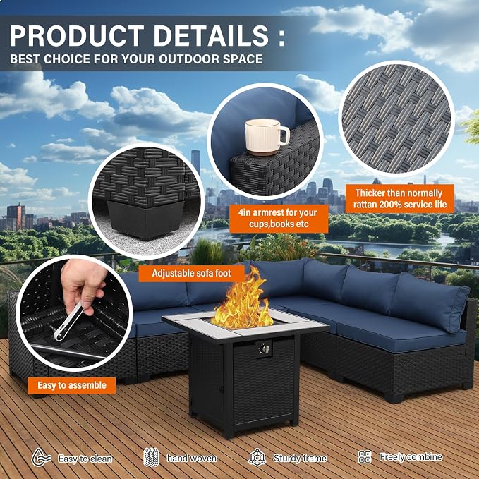 Valita Patio Furniture Set 30 Inches Fire Pit 7-Piece Outdoor Sectional Patio Couch 50000 BTU Steel Propane Fire Pit Table with No-Slip Cushions and Waterproof Cover, Navy Blue