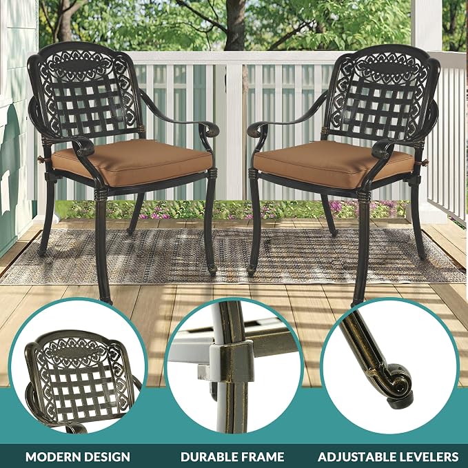 MEETWARM 9-Piece Outdoor Patio Dining Set for 8, All Weather Cast Aluminum Patio Funiture Table and Chairs Set- 94.5” Rectangular Table and 8 Cushioned Chairs for Garden, 2" Umbrella Hole, Khaki