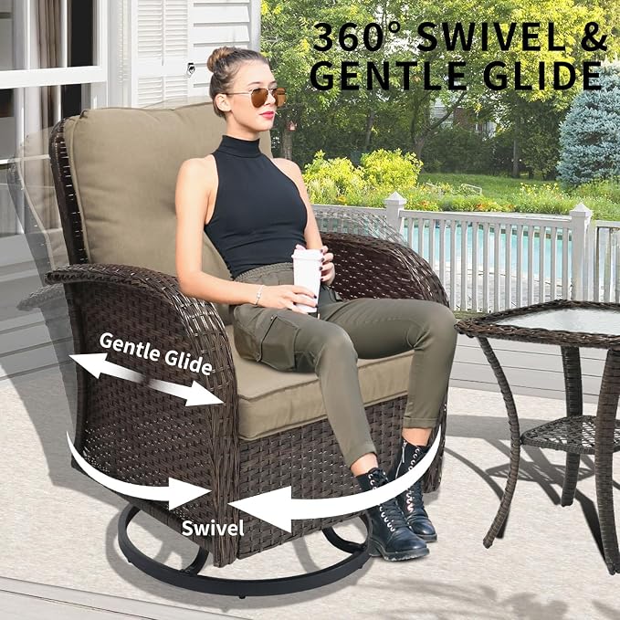 YLGJ&TIDY Outdoor Furniture Swivel Rocker Chairs 3PC Bistro Set 2 Brown Wicker Patio Glider Armchairs with Side Table Cushions Rocking Sofa for Porch Balcony Backyard Deck (Khaki, 3PCS Swivel/Table)