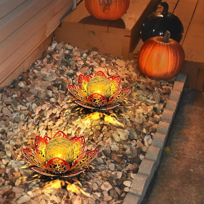Solar Lights Outdoor Garden 6.3 " Glass Lotus Lamp Waterproof LED Metal Flower Lights Outdoor Garden Table Decor for Outside Balcony, Patio, Deck, Porch, Walkway