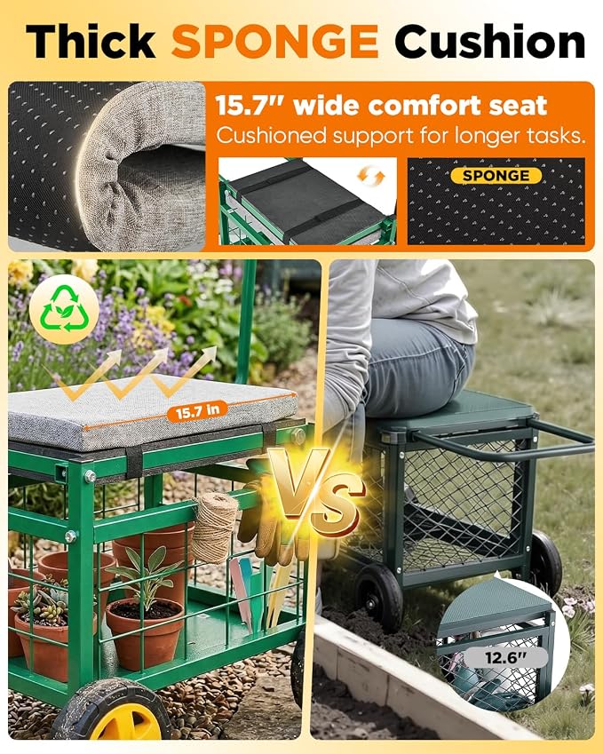 Saker Rolling Work Seat with Wheels - 15.7'' EVA Padded Stool, 500 lb Steel Frame, Large Storage Basket - Patio Lawn Backyard Cart for Gardening Tasks (Basic Version)