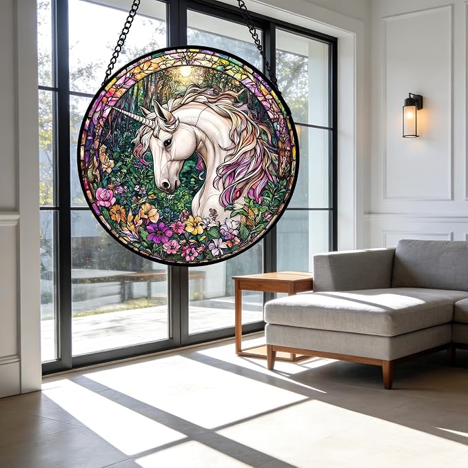 DASTOLL Stained Glass Window Hanging, Unicorn Flowers Suncatcher for Doors Home Sun Catchers Decoration and Christmas, Mother's Day Birthday Gifts for Women, Men, and Mom 14.9x14.9 in