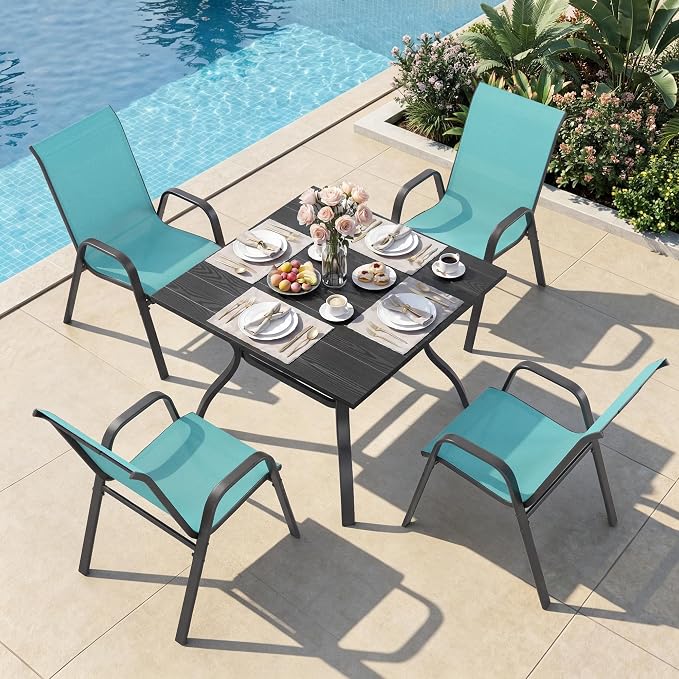 Outdoor Patio Dining Set for 4, 5 Pieces Patio Table and Chairs Set with Umbrella Hole, 37.8"x 37.8" Square Metal Wood-Grain Dining Table Set with 4 Stackable Patio Chairs for Deck , Backyard, Porch