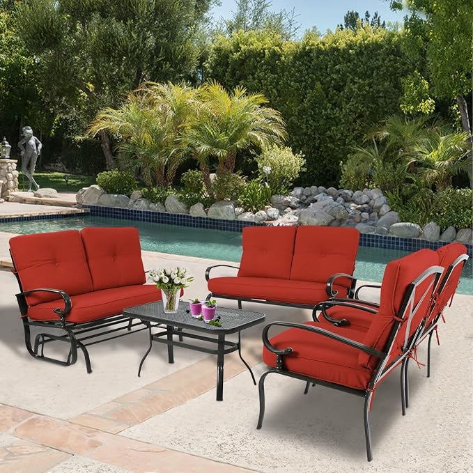 5Pcs Patio Conversation Set Outdoor Wrought Iron Furniture Set with 1 Glider,1 Loveseat, 2 Single Chairs, and Coffee Table, for Courtyard, Garden, Backyard(Red)