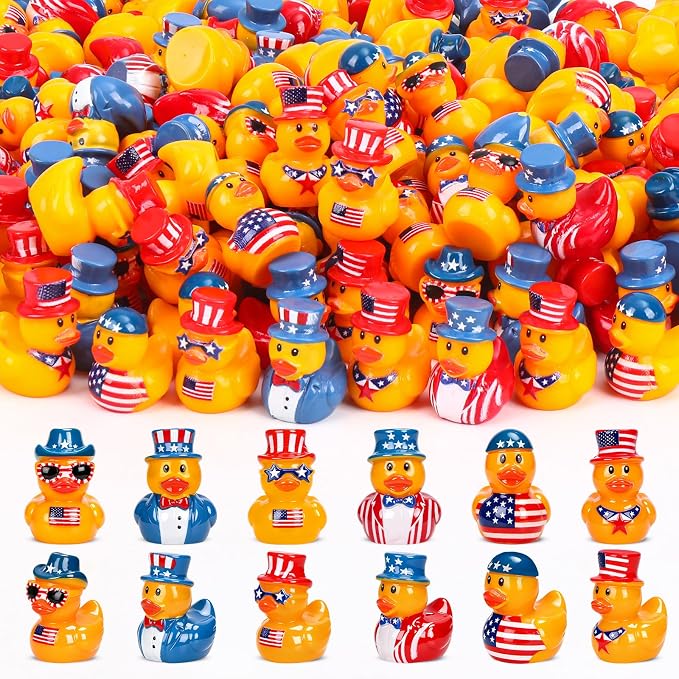 120 Pcs Patriotic Mini Resin Ducks 6 Style Bulk Tiny Duck Figurines 250th Anniversary Independence Day Decorations 4th of July Patriotic Ducks for Party Favors DIY Crafts and Desk Decor