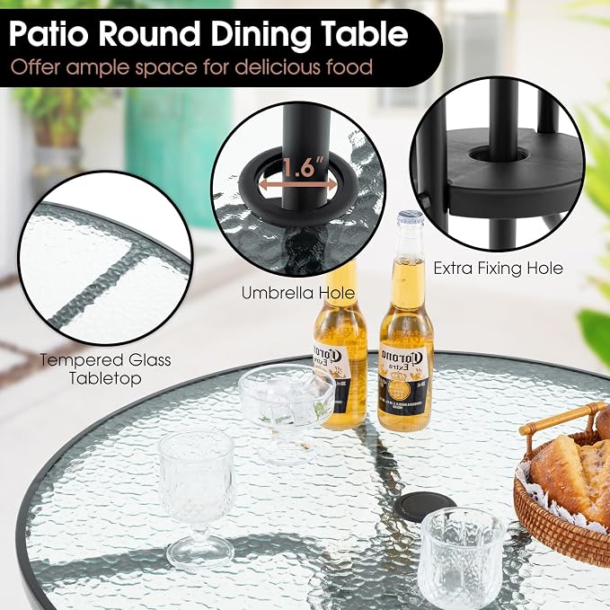 Giantex 6 Pieces Patio Dining Set, Folding Patio Chairs Set of 4, Tempered Glass Umbrella Table with Hole, Patio Table and Chairs for Lawn, Deck, Poolside, Backyard (Brown)