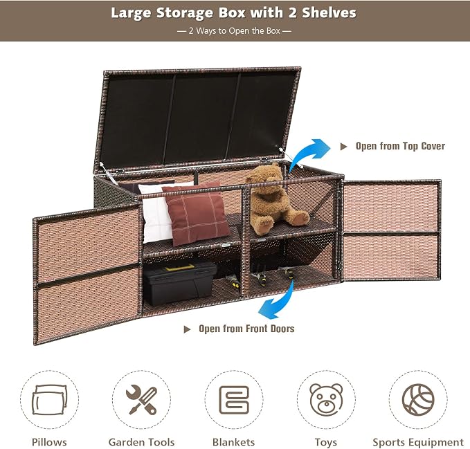 Giantex Rattan Deck Box 73 Gallon Wicker Storage Box W/Separate Storage Shelf, Openable Door, Steel Frame, Toys and Tools Organize for Yard, Garden, Balcony, Porch, Patio Rattan Storage Box (Brown)