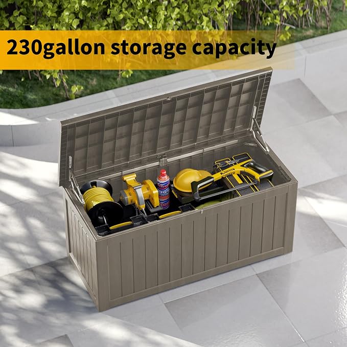 230 Gallon Outdoor Storage Box, Waterproof Resin Deck Container with Lockable Lid, Patio Organizer for Cushions & Garden Tools, Grey