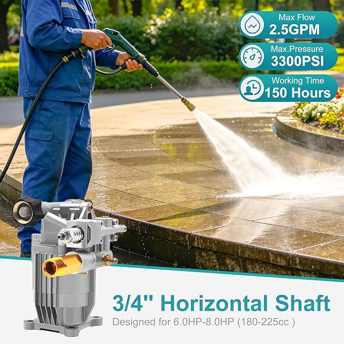 2600-3300 psi Pressure Washer Pump 3/4" Shaft Horizontal Max 3300 PSI 2.5 GPM Replacement Pump,Compatible with Honda, Simpson and More Gas Washer
