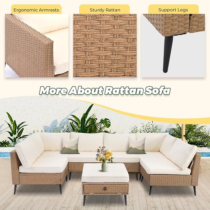 LVUYOYO 7 Pieces Outdoor Patio Furniture Set, Wicker Sectional Sofa Set for All-Weather, Rattan Conversation Sets with Cushions and Storage for Deck, Backyard, Porch (Khaki)