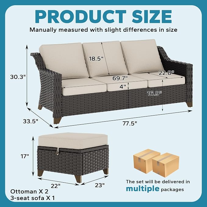3 Pieces Outdoor Conversation Furniture Set - 77" Patio Sofa, 2 Rattan Wicker Ottomans, Patio Wicker Couch Set with Water-Resistant and Washable Cushions for Sunroom, Deck, Porch (Beige)