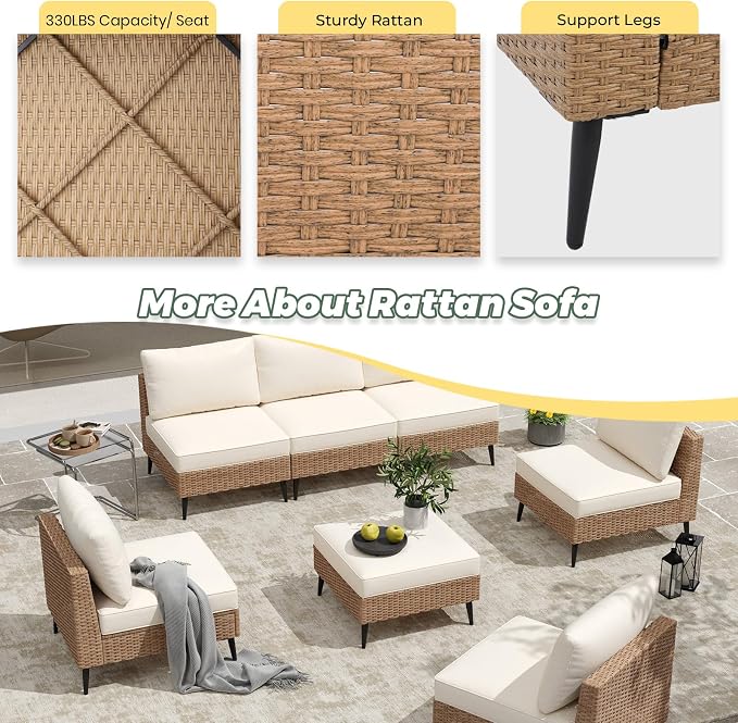 LVUYOYO 7 Pieces Outdoor Patio Furniture Set, Wicker Sectional Sofa Couch, Rattan Conversation Sets with Cushions for Deck, Backyard, Porch (Khaki)