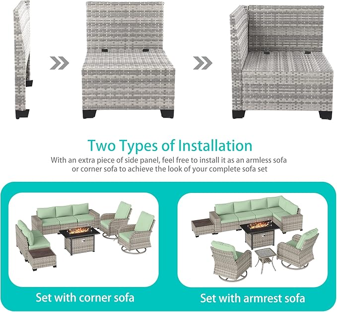 10-Piece Outdoor Patio Furniture Set with Rocking Swivel Chair, PE Wicker Rattan Sectional Sofa Patio Conversation Set with 55,000 BTU Fire Pit Table & Coffee Table, Light Green