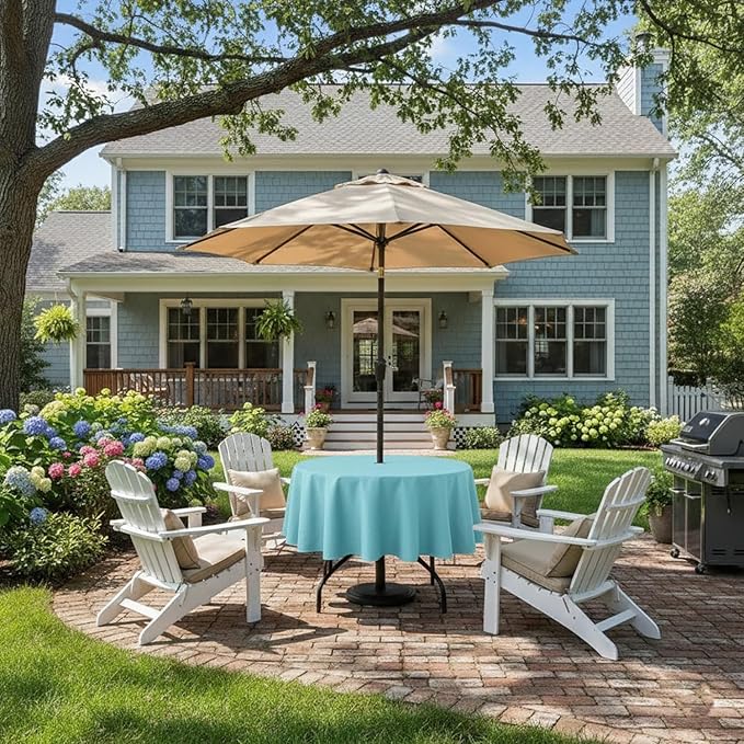 Outdoor Tablecloth Wrinkle-Free Stain Resistant Waterproof Polyester Fabric Table Cover with Zipper Umbrella Hole for Picnic/Party/Dinner/Patio Garden(70inch Round,Zippered,Aqua Blue)