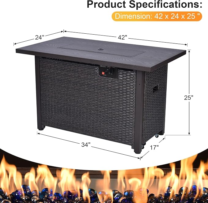 Outdoor Sectional Furniture, 5 Piece Patio Furniture Set with 42-inch Fire Wicker Propane Fire Pit Table - All Weather Wicker Rattan Couch Sofa Conversation Set for Backyard Lawn Poolside Deck, Red